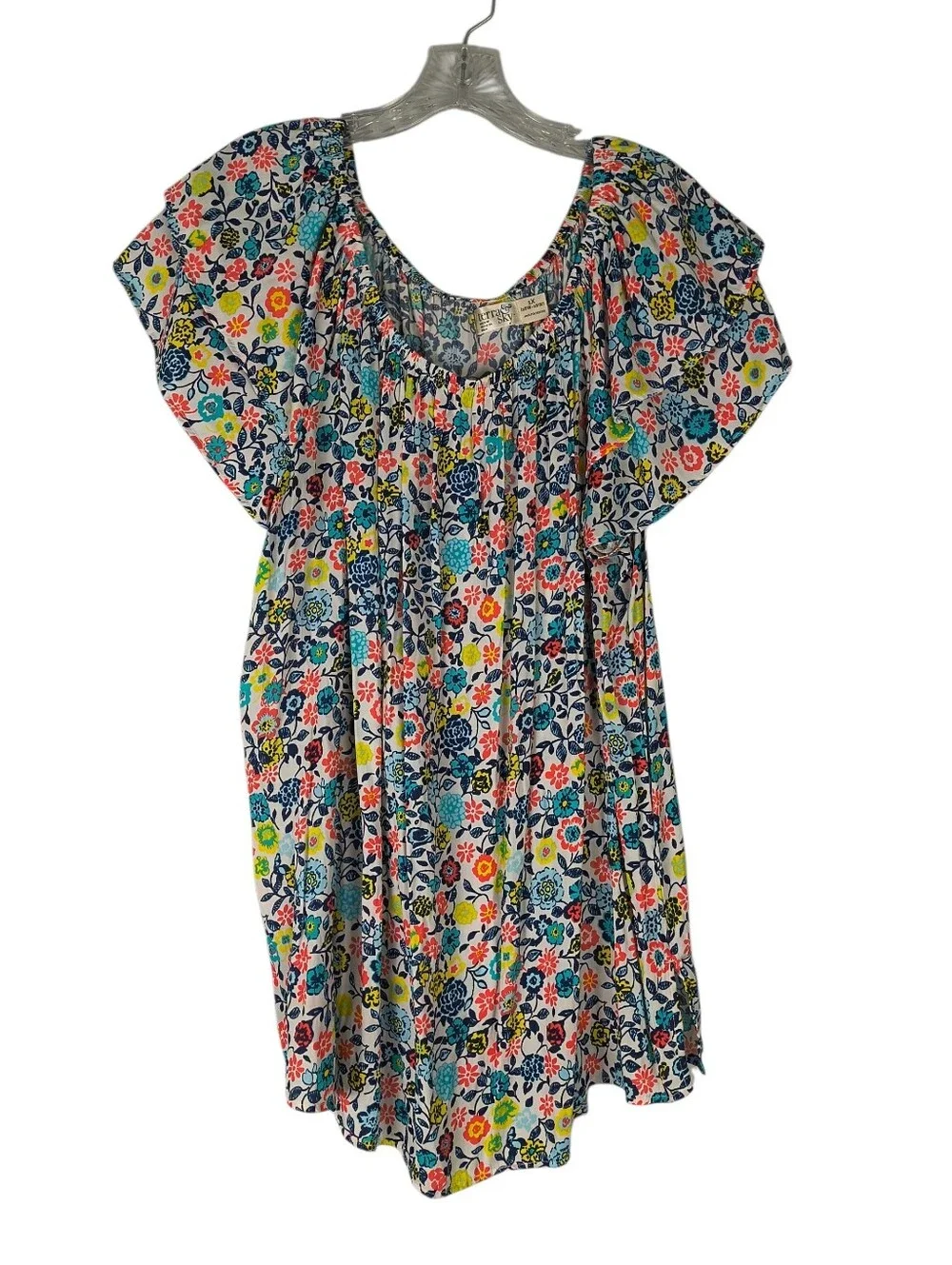 Terra & Sky Top Women's 1X Blue Pink On Off Shoulder Peasant Floral Ruffle